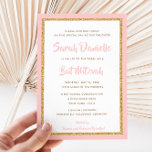 Invitación Rectángulo rosa y dorado del Purpurina Bat Mitzvah<br><div class="desc">Esta invitación a la moda de Bat Mitzvah presenta un purpurina falso y brillante en una capa sobre un fondo de color sólido. Utilice el formulario de plantilla para agregar su propia información. La función "Personalizar" puede utilizarse para cambiar el estilo, el color y la disposición del tipo de letra....</div>