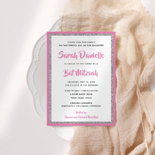Invitación Rectángulo rosado y plateado de Bat Mitzvah Purpur