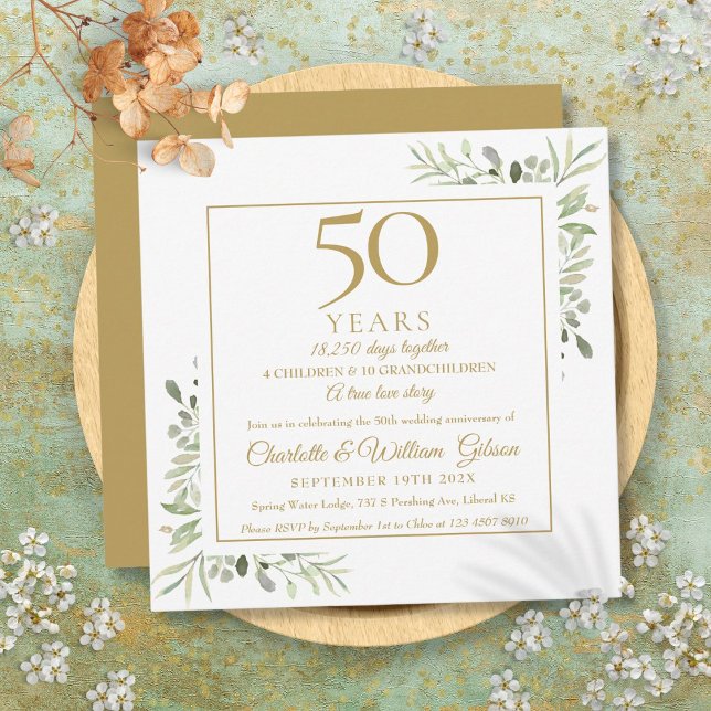 Invitación Recuerdos del 50º Aniversario de Boda Greenery Squ (50th Wedding Anniversary Memories Greenery Square Invitation)