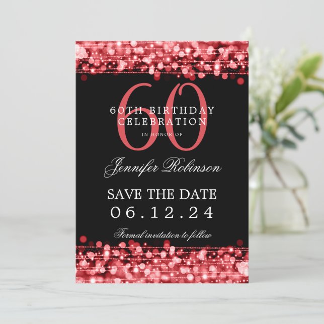 Invitación Red 60th Birthday Guardar la fecha con detalles (Anverso de pie)