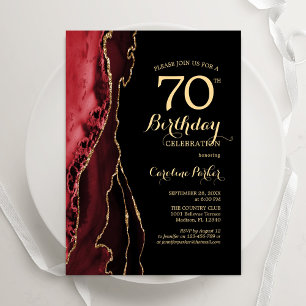 Invitación Red Agate Gold Black 70th Cumpleaños
