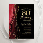 Invitación Red Agate Gold Black 80th Cumpleaños<br><div class="desc">Invitación a la fiesta de cumpleaños 80 de rojo, negro y oro. Elegante diseño moderno con fondo geodésico de mármol agate acuarela, oro falso purpurina y tipografía de escritura. La carta de invitación de moda es perfecta para una elegante celebración del cumpleaños de las mujeres. Invitaciones Zazzle impresas o una...</div>