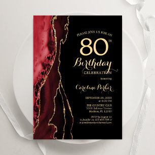 Invitación Red Agate Gold Black 80th Cumpleaños