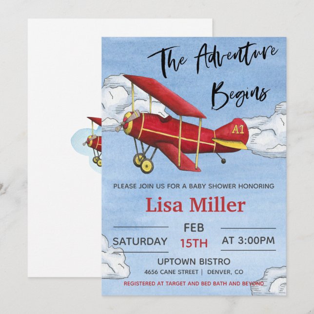 Invitación Red Airplane Adventure Boy Baby Shower (Anverso / Reverso)