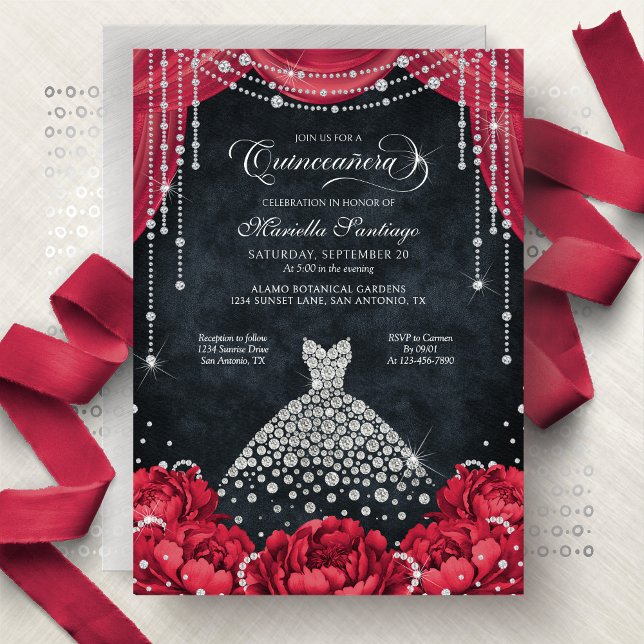 Invitación Red and Black Diamond Floral Quinceanera (Subido por el creador)