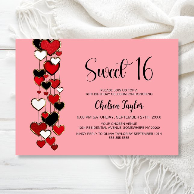 Invitación Red and Black Heart Theme Sweet 16 Birthday (Subido por el creador)
