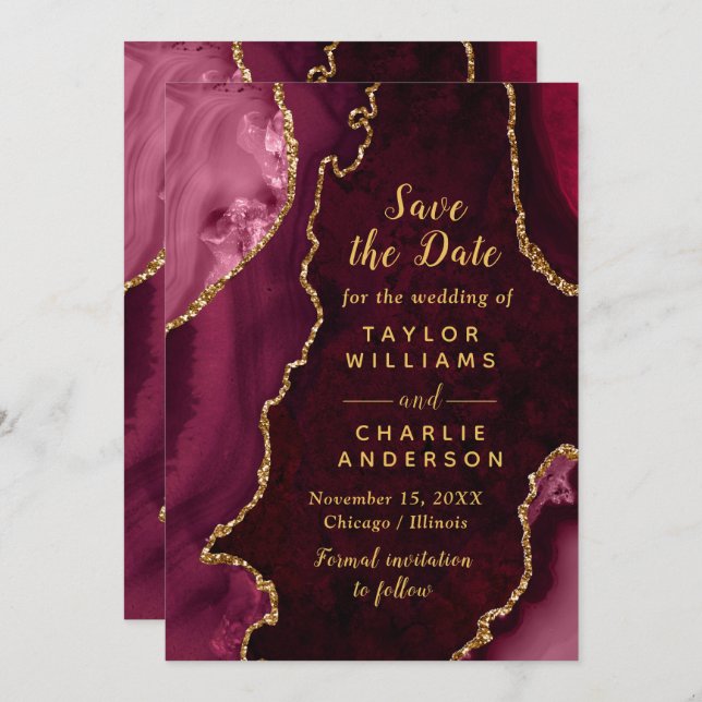 Invitación Red and Gold Agate Marble Save The Date (Anverso / Reverso)