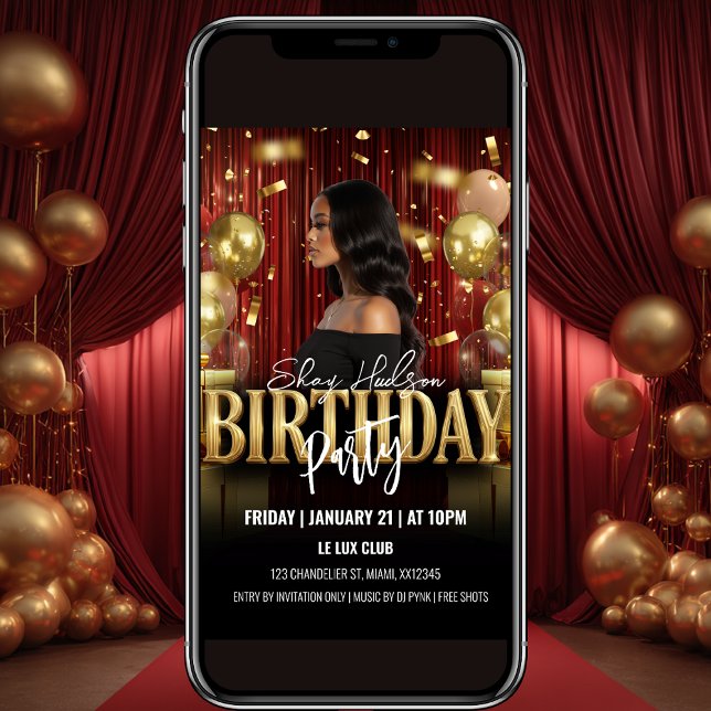 Invitación Red and Gold Birthday Party Invitation (Subido por el creador)