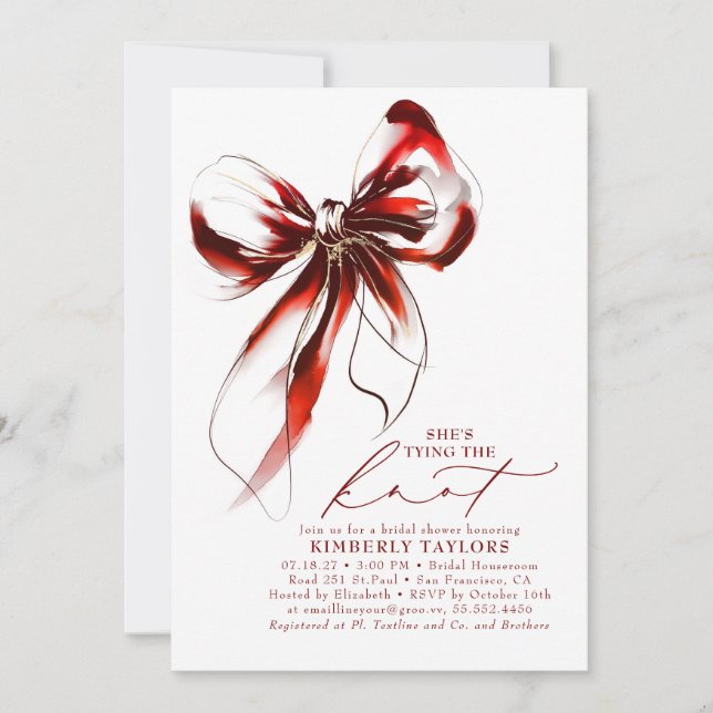 Invitación Red and Gold Bow Elegant Whimsical Bridal Shower (Anverso)