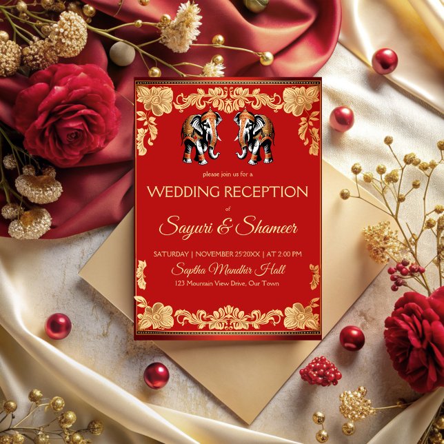 Invitación Red and gold elephants Indian wedding reception (Red and gold elephants Indian wedding reception Invitation cards template wedding invitation suite)