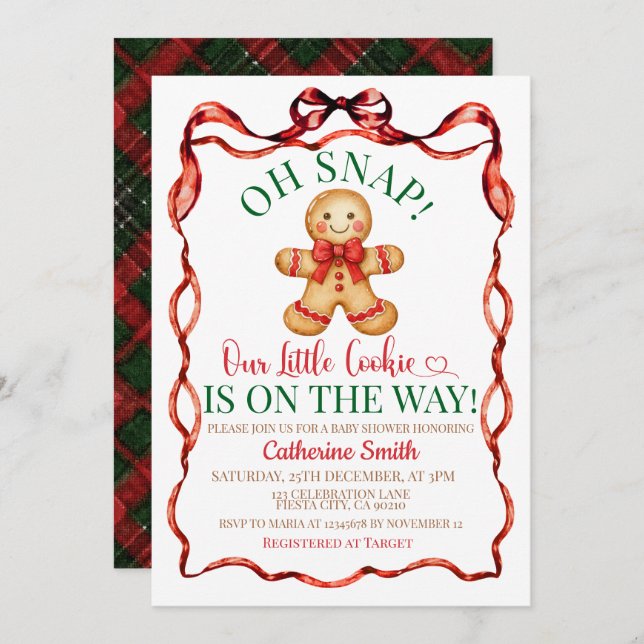 Invitación Red and Green  Gingerbread Christmas Baby Shower  (Anverso / Reverso)