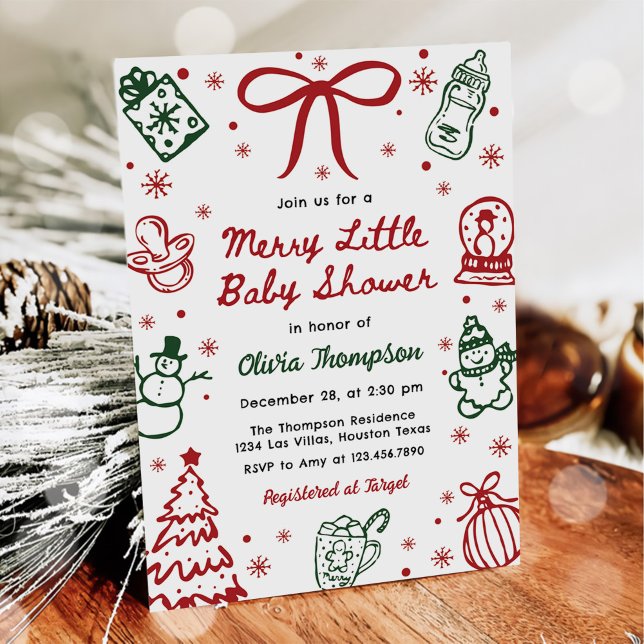 Invitación Red and Green Hand Drawn Merry Little Baby Shower  (Subido por el creador)