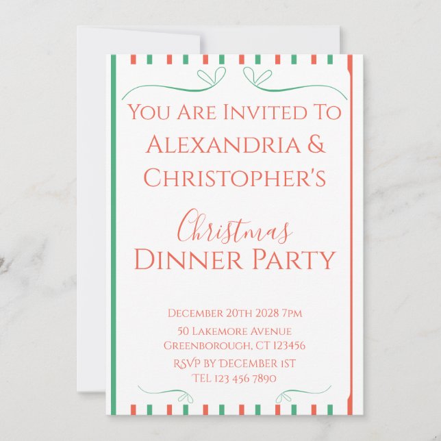 Invitación Red and Green Stripe Christmas Dinner Party (Anverso)