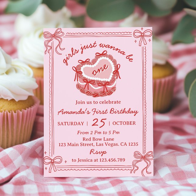Invitación Red and Pink Bow Girls Just Wanna Be One Birthday (Subido por el creador)