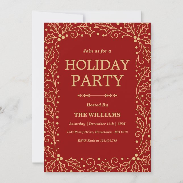 Invitación Red & Antique-Gold Holiday Christmas Party (Anverso)