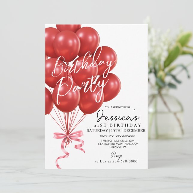 Invitación Red Balloon Script  Modern Birthday Party (Anverso de pie)