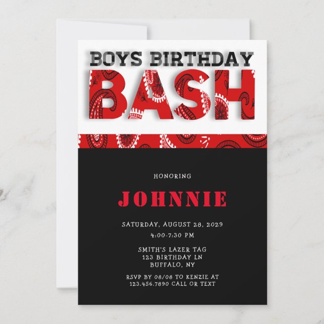 Invitación Red Bandanna Boys Bash Birthday Party (Anverso)