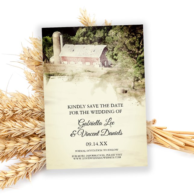 Invitación Red Barn Country Farm Boda Watercolor Save Date (Subido por el creador)