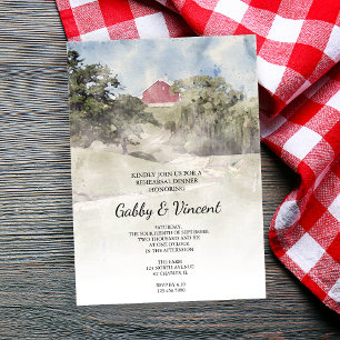 Invitación Red Barn on Hill Farm Watercolor Rehogar Cena