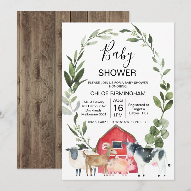 Invitación Red Barn Wreath Farm Animals Baby Shower (Anverso / Reverso)