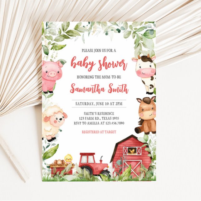 Invitación Red Barnyard Farm Baby Shower (Boy Red Barnyard Animals Baby Shower Invitation)