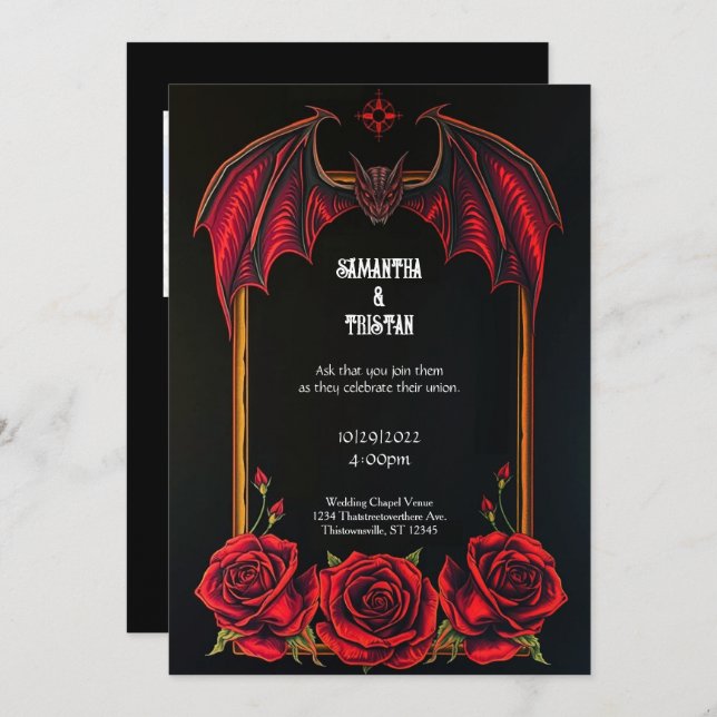 Invitación Red Bat and Roses Gothic Wedding Invitation (Anverso / Reverso)