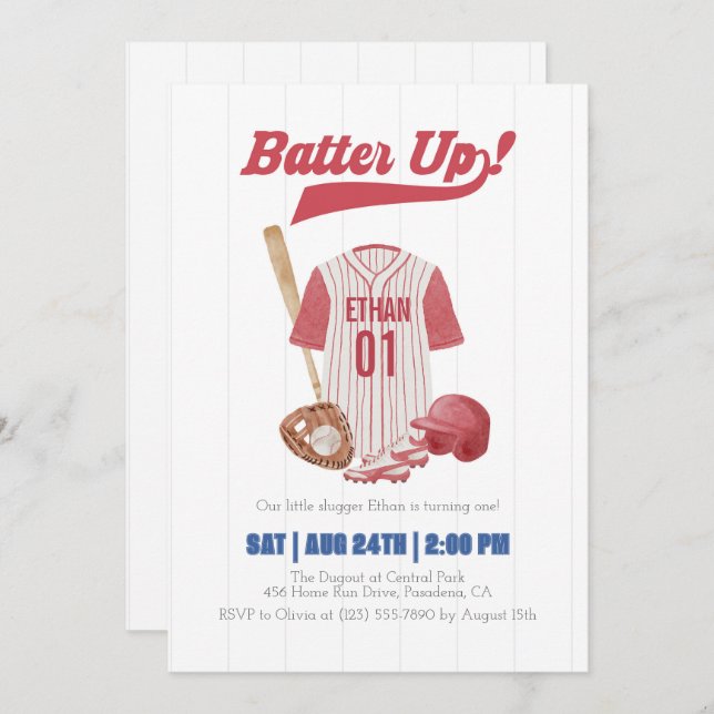 Invitación Red Batter Up Baseball First Birthday Invitation (Anverso / Reverso)