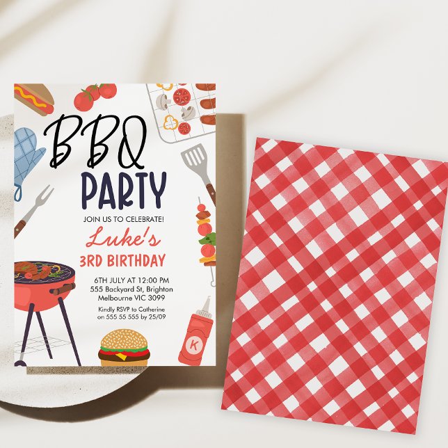 Invitación Red Bbq Blue Oven Mitt Boys Bbq Cumpleaños (Bbq birthday party invitation, Backyard Bbq Birthday Invitation, Gingham, blue mitt, Summer Bbq)