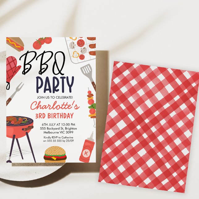 Invitación Red Bbq Red Oven Mitt Chicas Bbq Cumpleaños (Bbq birthday party invitation, Backyard Bbq Birthday Invitation, Gingham, red mitt, Summer Bbq Party)