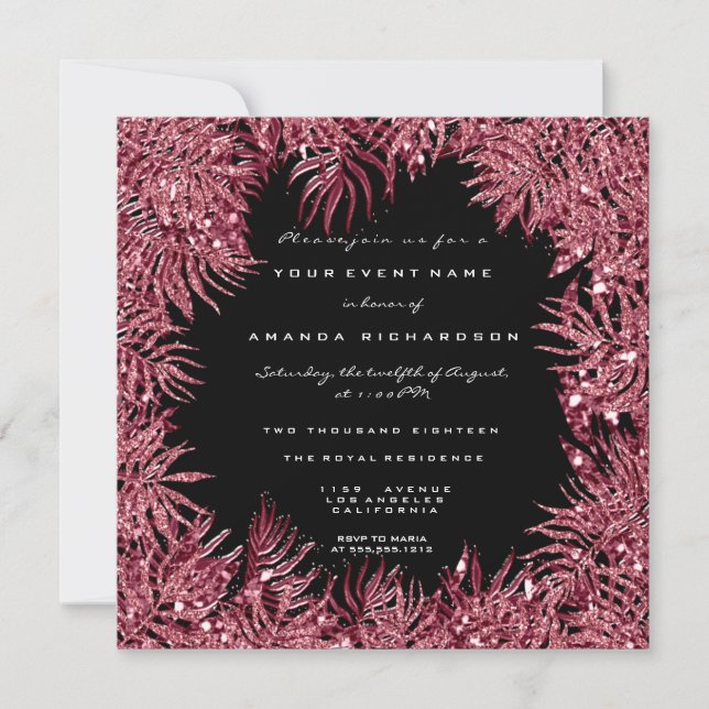 Invitación Red Bean Fern Leafs Frame Cand Metálico Negro Rosa (Anverso)