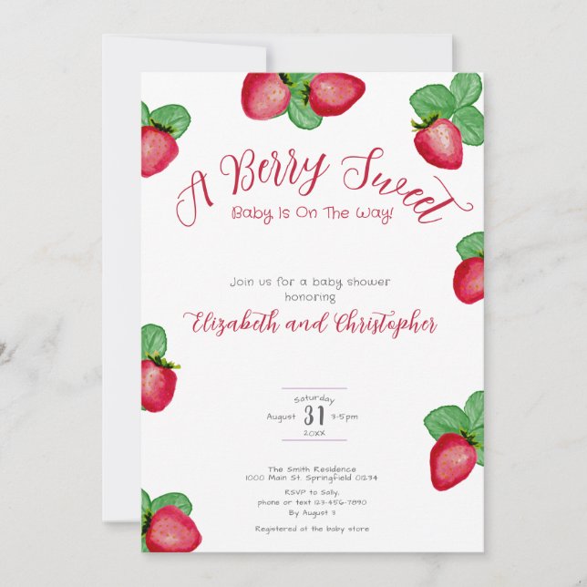 Invitación Red Berry Sweet Strawberry Girl Baby Shower (Anverso)