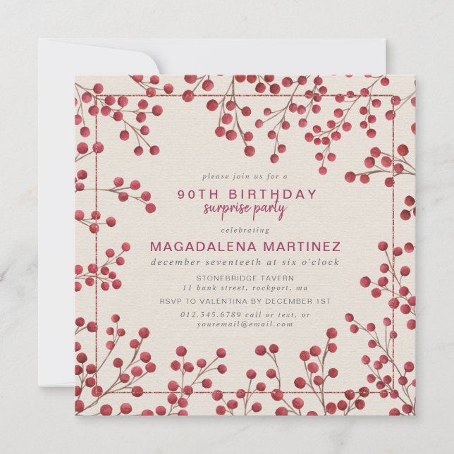 Invitación Red Berry Winter 90th Birthday Surprise Fiesta (Anverso)