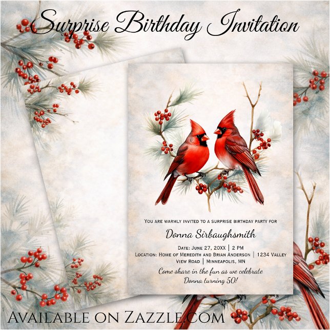 Invitación Red Birds on Snowy Pine Branch, Red Berries |  (Subido por el creador)