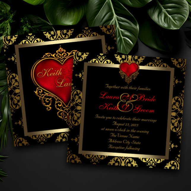 Invitación Red Black and Gold Boda (Elegant red black and gold heart wedding invitations.)