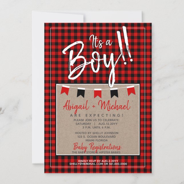 Invitación Red + Black Baby Boy Plaid Lumberjack Baby Shower (Anverso)