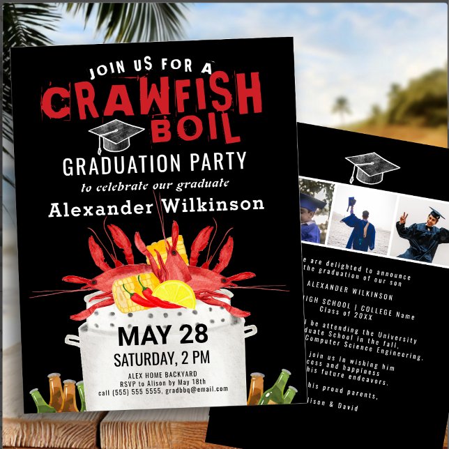 Invitación Red Black Crawfish Hervir 3 Foto Partido de Gradua (Subido por el creador)