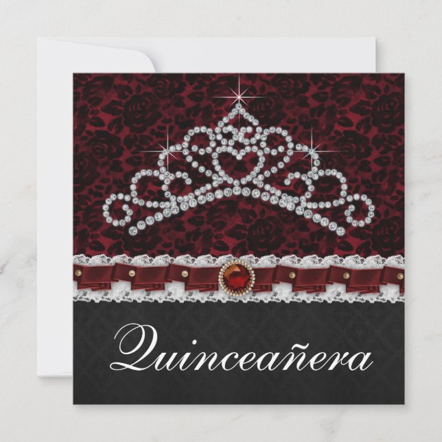 Invitación Red Black Damask Tiara Red Black Quinceanera (Anverso)