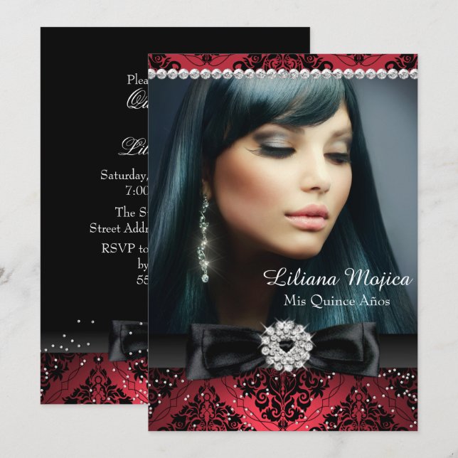 Invitación Red Black Diamond Bow Damask Quinceanera (Anverso / Reverso)