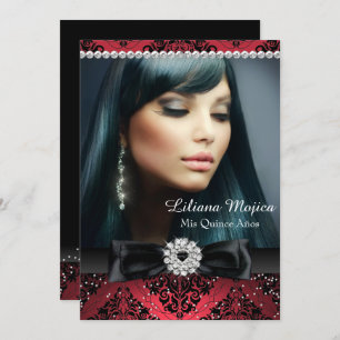 Invitación Red Black Diamond Bow Damask Quinceanera
