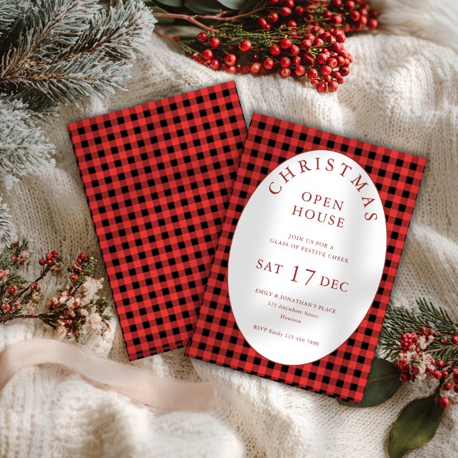 Invitación Red Black Gingham Navidades Open House (Front and back view)