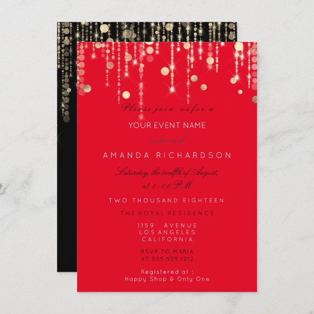 Invitación Red Black Gold Drits Birday Bridal Shower (Anverso / Reverso)