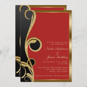 Invitación Red Black & Gold Modern Glam Elegant Swirl Boda
