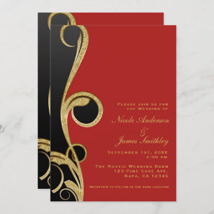 Invitación Red Black & Gold Modern Glam Elegant Swirl Boda