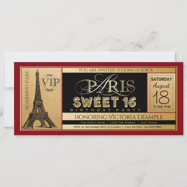 Invitación Red Black Gold Paris Sweet 16 Ticket Invitation (Anverso)