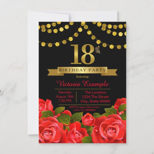 Invitación Red Black Gold Red Rose 18th Birthday Party (Anverso)