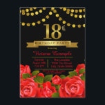 Invitación Red Black Gold Red Rose 18th Birthday Party<br><div class="desc">Invitación de chicas a la fiesta de cumpleaños número 18 con hermosos números de oro y carteles de Relieve metalizado en un fondo floral negro bonito y rosa de oro. Esta elegante y moderna invitación a la fiesta de 18 años, roja y dorada, se personaliza fácilmente para tu evento, simplemente...</div>