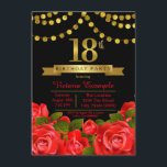 Invitación Red Black Gold Red Rose 18th Birthday Party<br><div class="desc">Invitación de chicas a la fiesta de cumpleaños número 18 con hermosos números de oro y carteles de Relieve metalizado en un fondo floral negro bonito y rosa de oro. Esta elegante y moderna invitación a la fiesta de 18 años, roja y dorada, se personaliza fácilmente para tu evento, simplemente...</div>