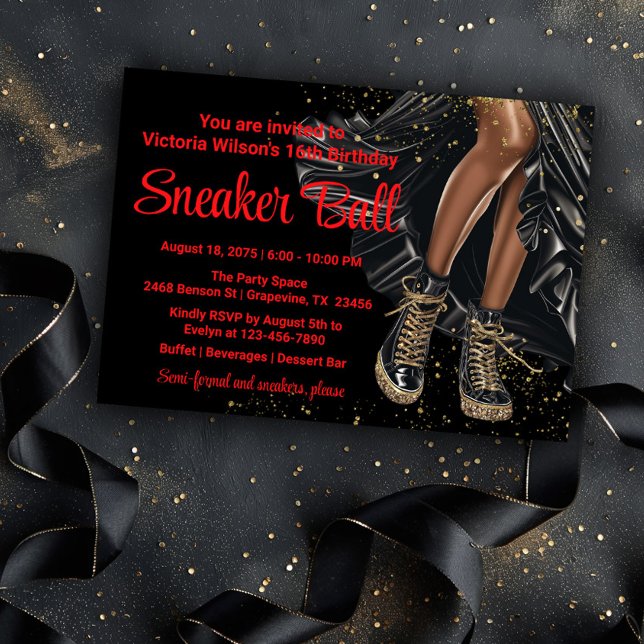 Invitación Red Black Gold Sneakers Sneaker Ball (Pretty black and gold sneaker ball invitation. You can change the background color and text color.)