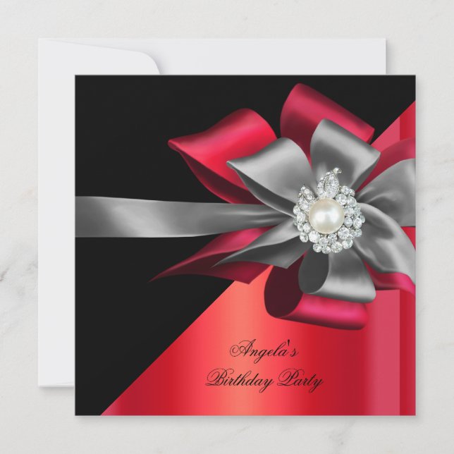 Invitación Red Black Gray Silver Bow Pearl Birthday Party 2 (Anverso)