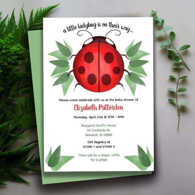 Invitación Red, Black, Green Watercolor Ladybug Baby Shower (Watercolor Ladybug Baby Shower Invitation)
